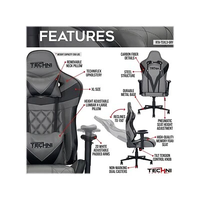 Office Chairs Techni Sport GamerXL Series Synthetic Computer Chair, Gray (RTA-TSXL3-GRY) - Image 8
