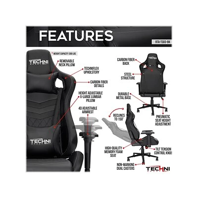 Office Chairs Techni Sport GameMaster Synthetic Computer Chair, Black (RTA-TS83-BK) - Image 8