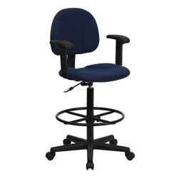 Drafting Chairs Flash Furniture Ergonomic Fabric Drafting Stool, Adjustable Arms, Navy Blue (BT659NVYARMS)