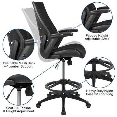 Drafting Chairs Flash Furniture Nylon Drafting Chair With Footrest And Lumbar Support, Black (BL-ZP-809D-BK-GG) - Image 5