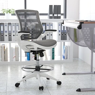 Drafting Chairs Flash Furniture Mesh Mid-Back Drafting Stool With Lumbar Support, Gray/White (BLLB8801XDGRWH) - Image 2