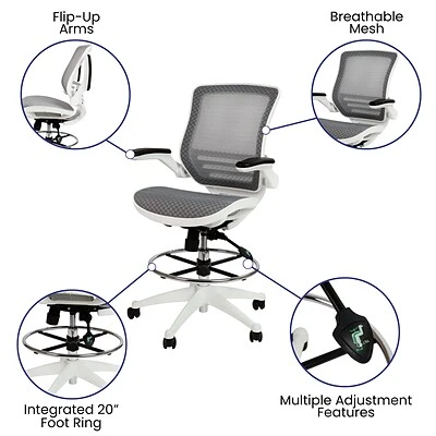 Drafting Chairs Flash Furniture Mesh Mid-Back Drafting Stool With Lumbar Support, Gray/White (BLLB8801XDGRWH) - Image 5